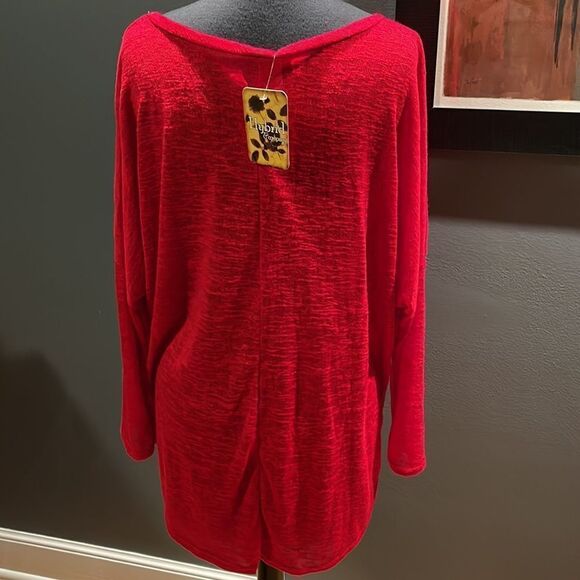 Hybrid & Company cherry red lightweight burnout nubby drooped shoulder sweater S - Picture 4 of 6